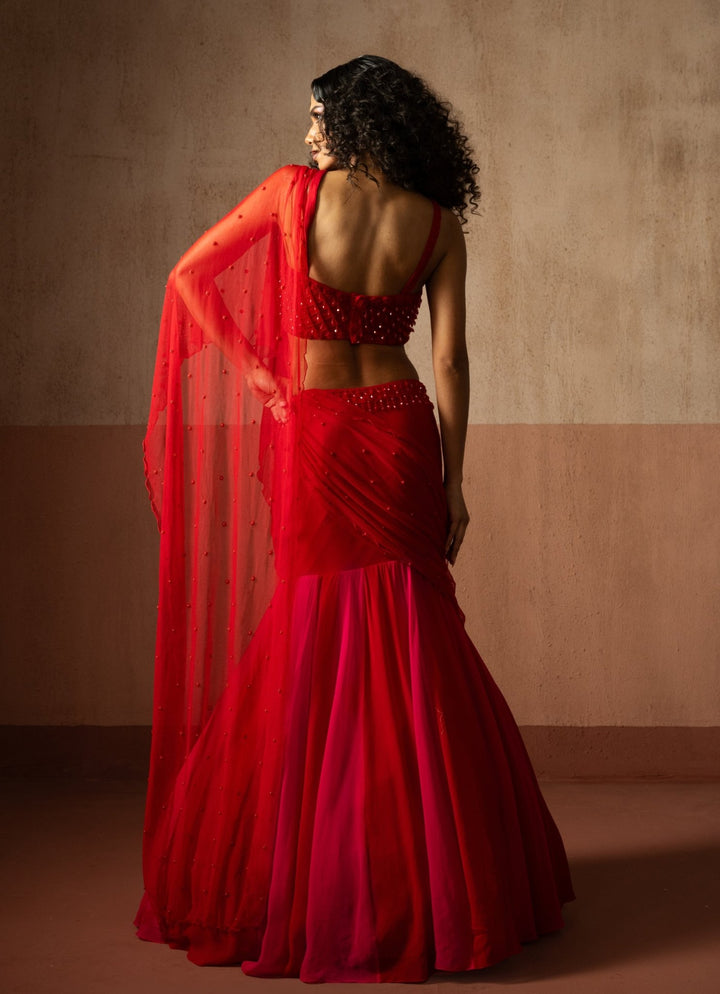 Ruby Red And Pink Mermaid Pre Draped Georgette Saree Quench A Thirst - Fabilicious Fashion
