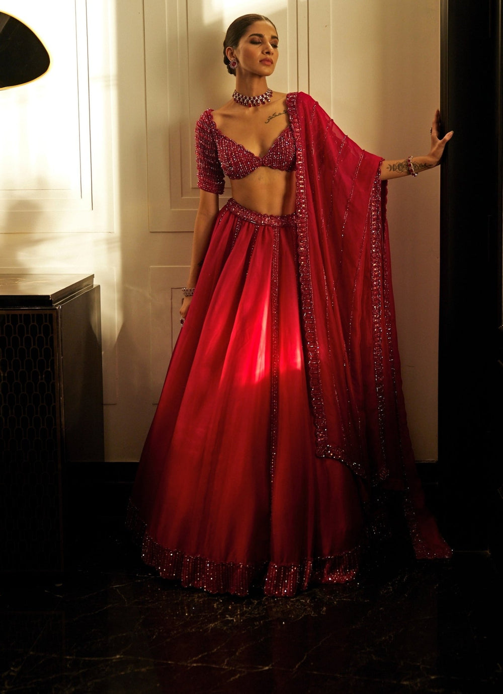 Ruby Red Crystal And Sequin Embroidered Organza Lehenga Set Vvani By Vani Vats - Fabilicious Fashion