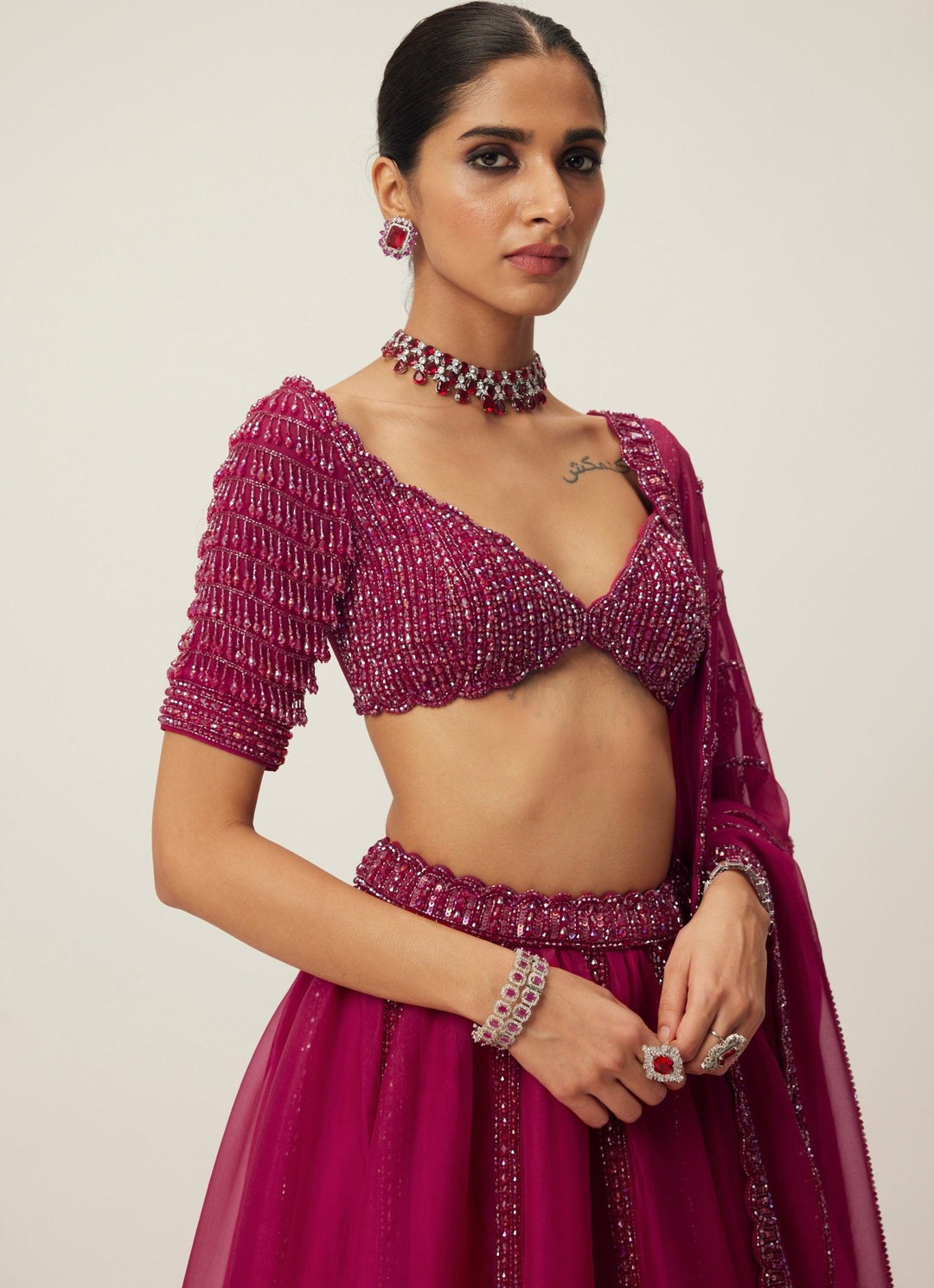 Ruby Red Crystal And Sequin Embroidered Organza Lehenga Set Vvani By Vani Vats - Fabilicious Fashion