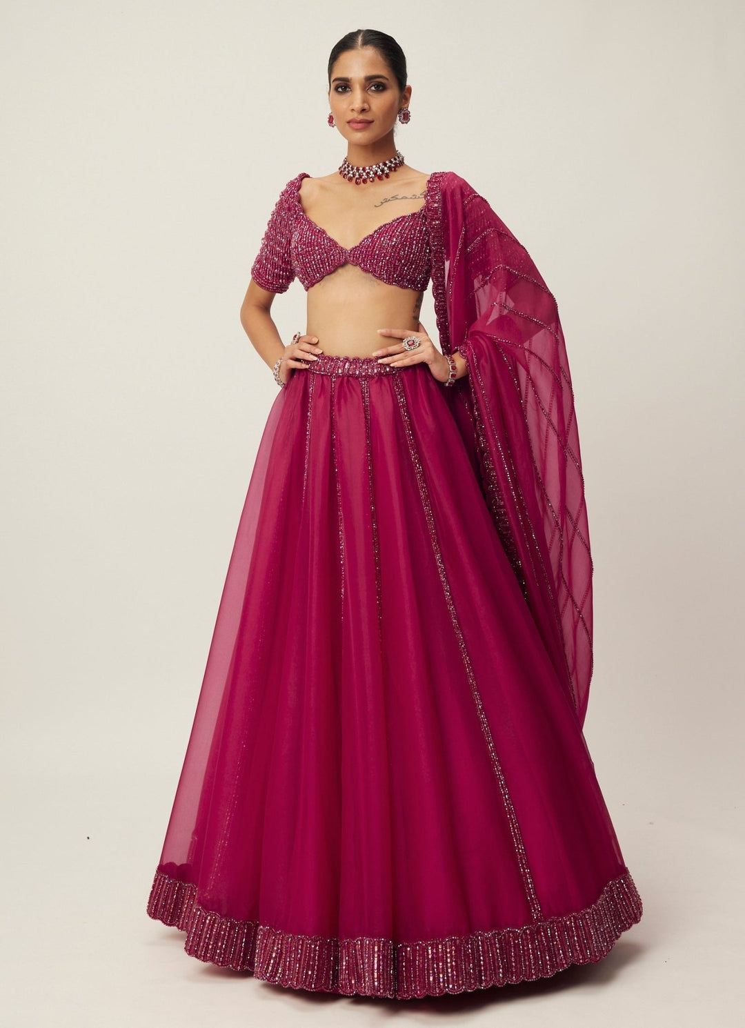 Ruby Red Crystal And Sequin Embroidered Organza Lehenga Set Vvani By Vani Vats - Fabilicious Fashion