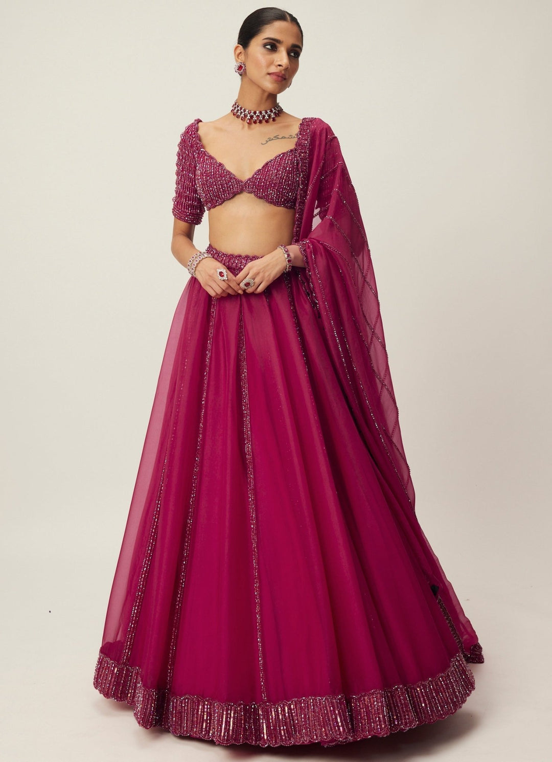 Ruby Red Crystal And Sequin Embroidered Organza Lehenga Set Vvani By Vani Vats - Fabilicious Fashion