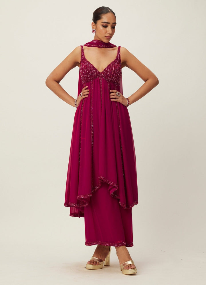 Ruby Red Crystal And Sequin Hand Embroidered Kurta Pant Set Vvani By Vani Vats - Fabilicious Fashion