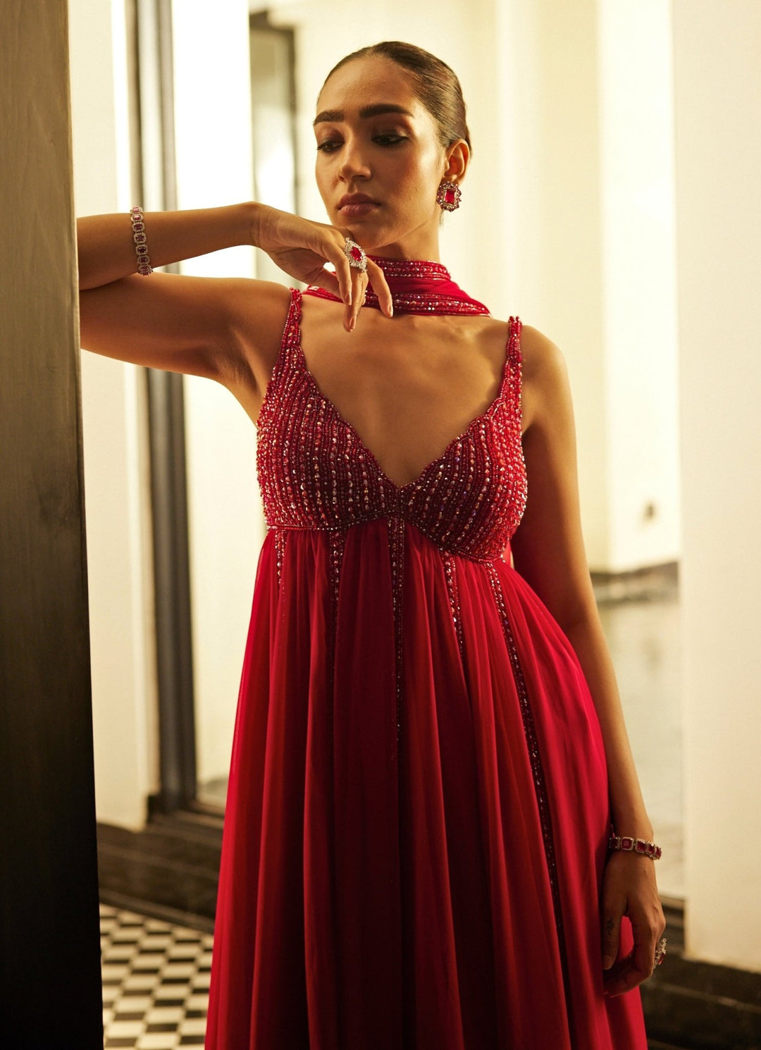 Ruby Red Crystal And Sequin Hand Embroidered Kurta Pant Set Vvani By Vani Vats - Fabilicious Fashion