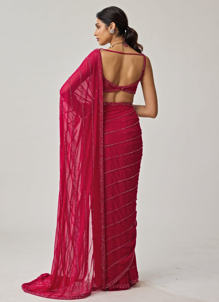 Ruby Red Crystal Embroidered Georgette Saree Set Vvani by Vani Vats - Fabilicious Fashion