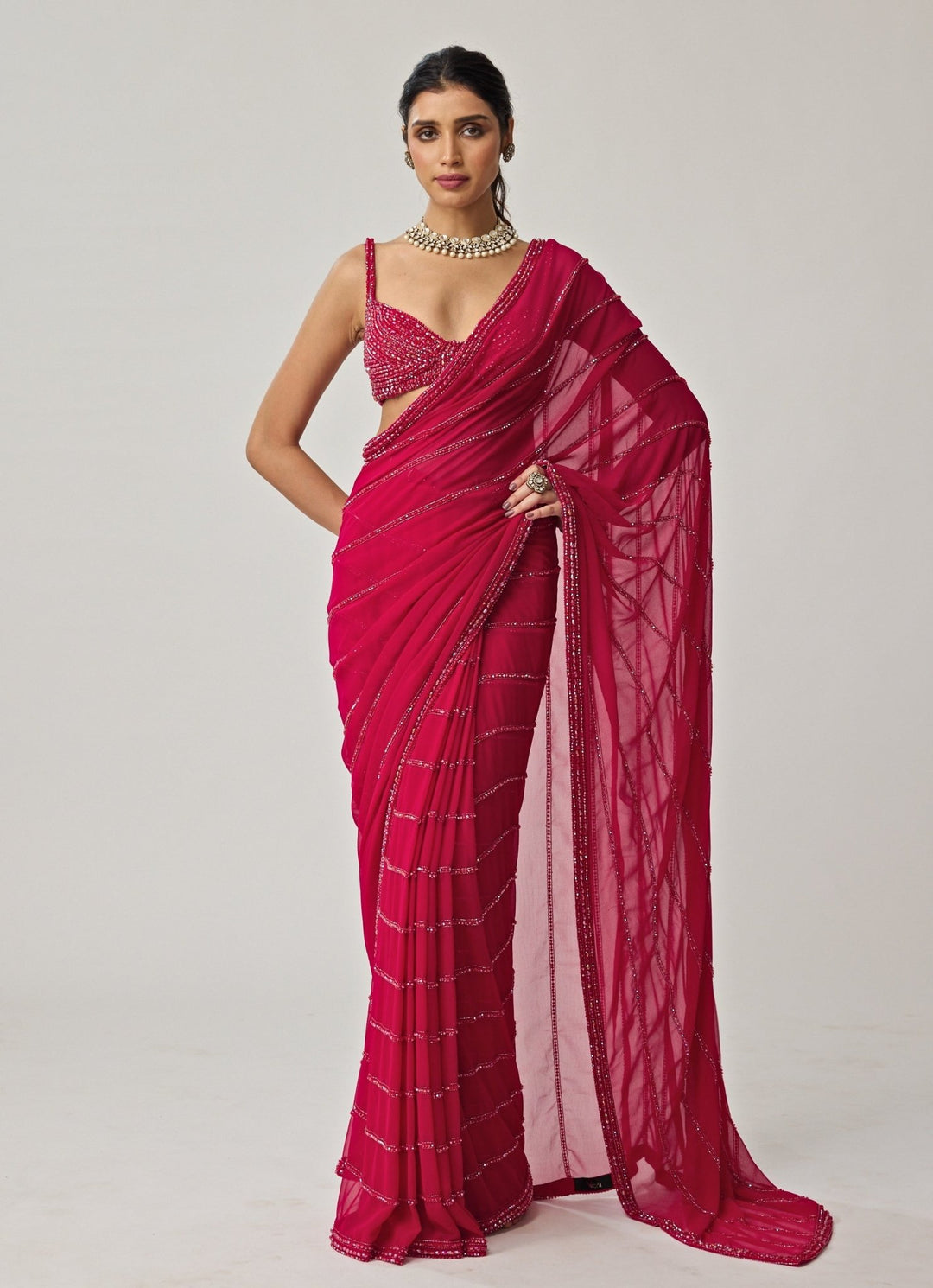 Ruby Red Crystal Embroidered Georgette Saree Set Vvani by Vani Vats - Fabilicious Fashion