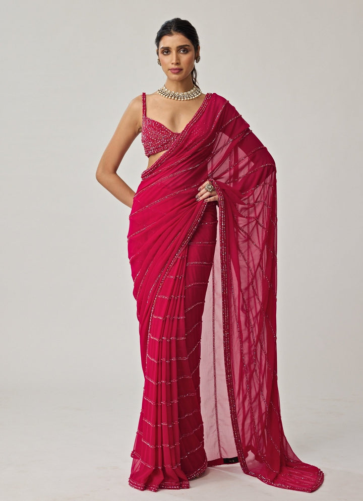 Ruby Red Crystal Embroidered Georgette Saree Set Vvani by Vani Vats - Fabilicious Fashion