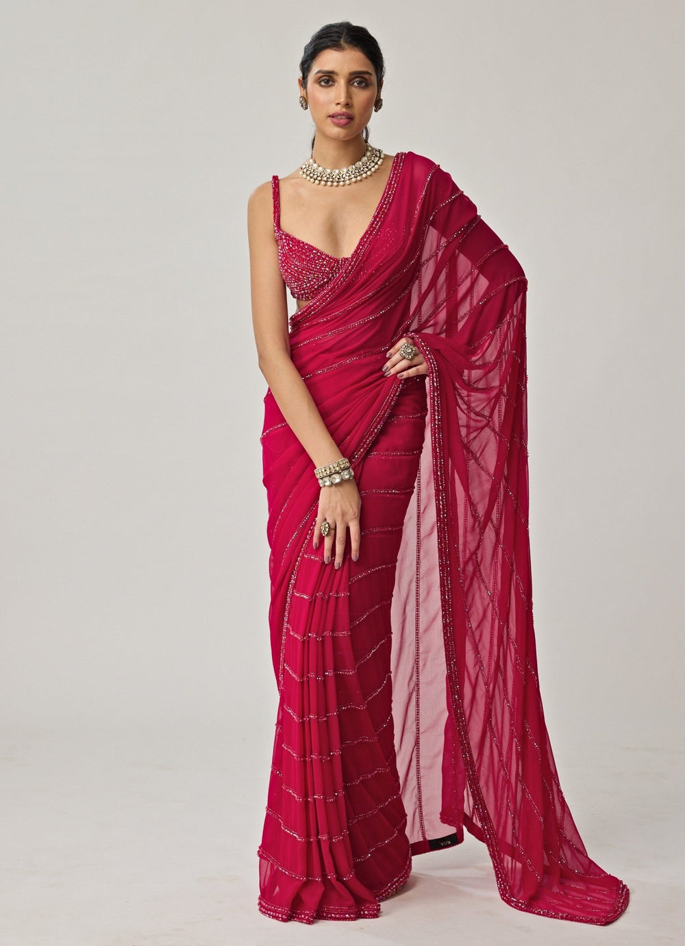 Ruby Red Crystal Embroidered Georgette Saree Set Vvani by Vani Vats - Fabilicious Fashion