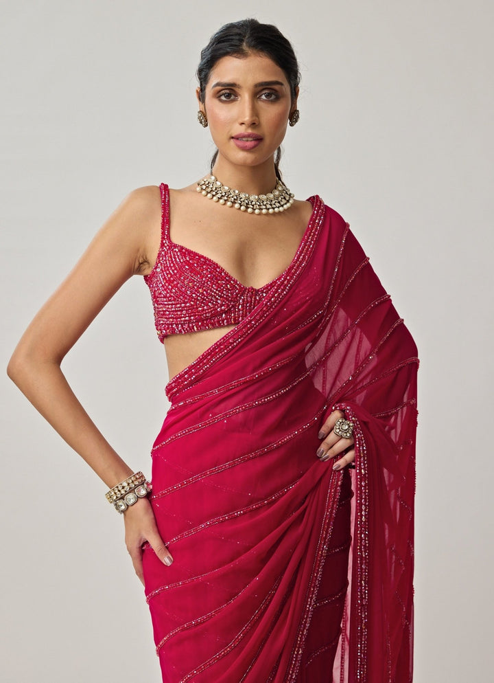 Ruby Red Crystal Embroidered Georgette Saree Set Vvani by Vani Vats - Fabilicious Fashion