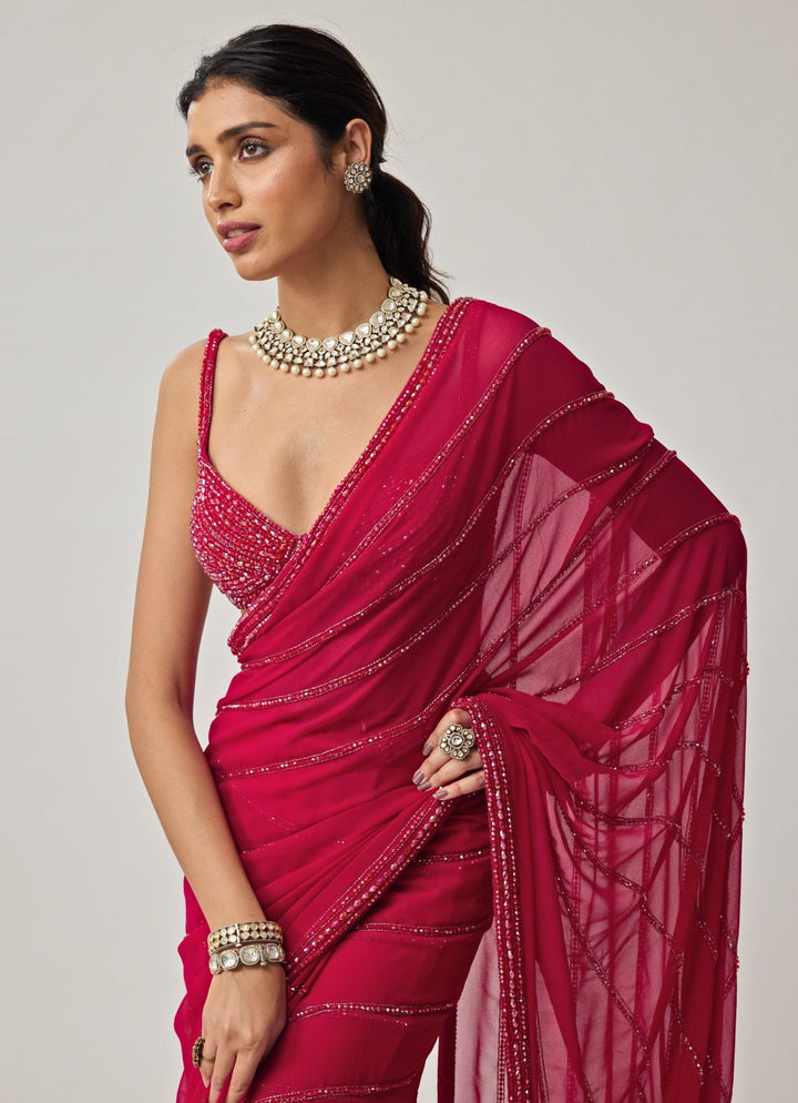 Ruby Red Crystal Embroidered Georgette Saree Set Vvani by Vani Vats - Fabilicious Fashion