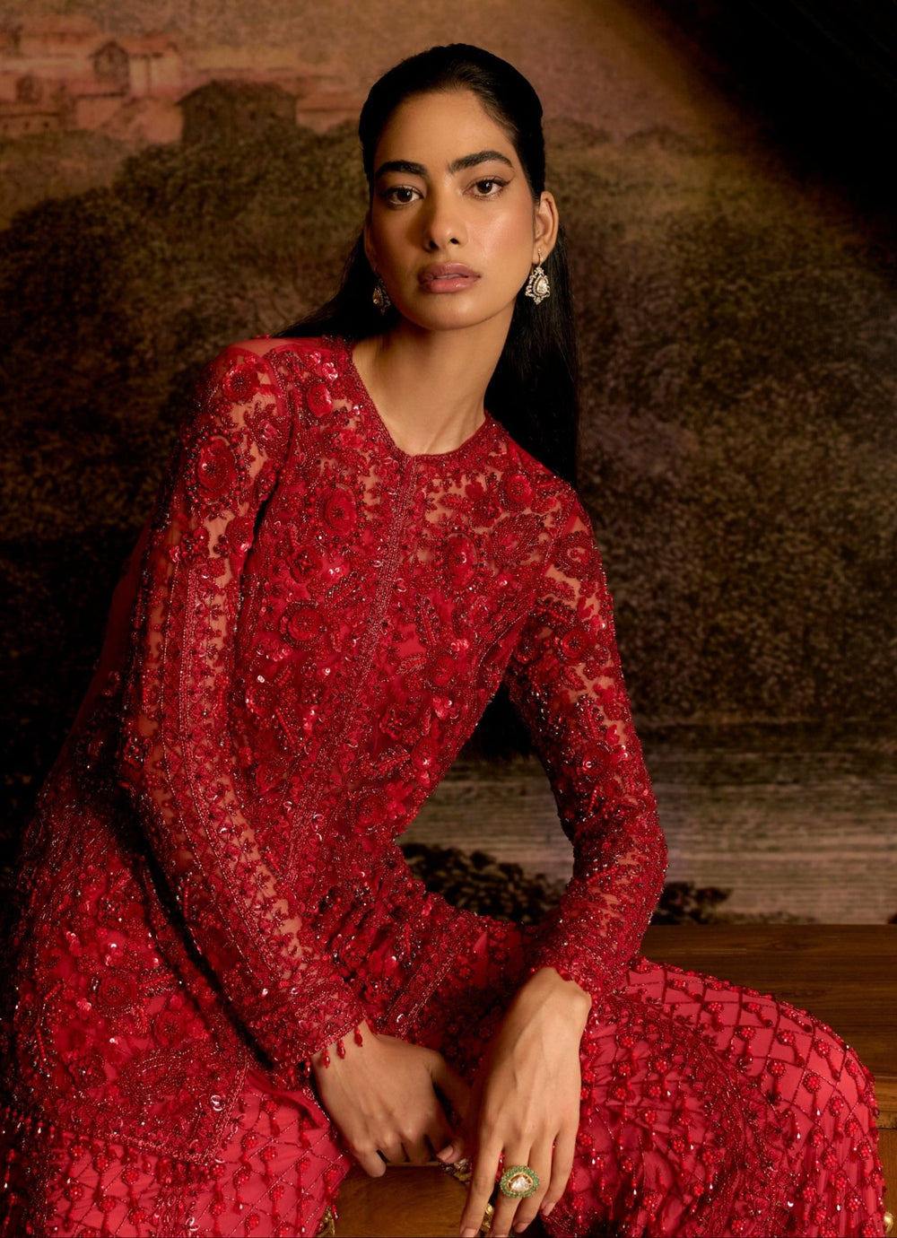 Ruby Red Crystal Embroidered Kurta Sharara Set Mani Bhatia - Fabilicious Fashion