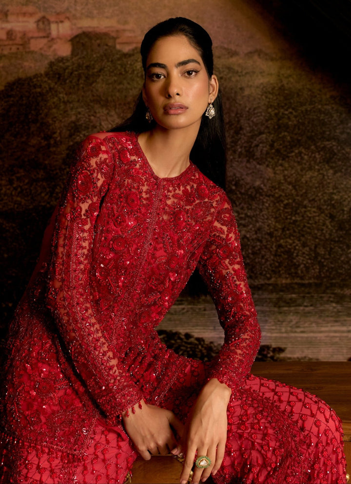 Ruby Red Crystal Embroidered Kurta Sharara Set Mani Bhatia - Fabilicious Fashion