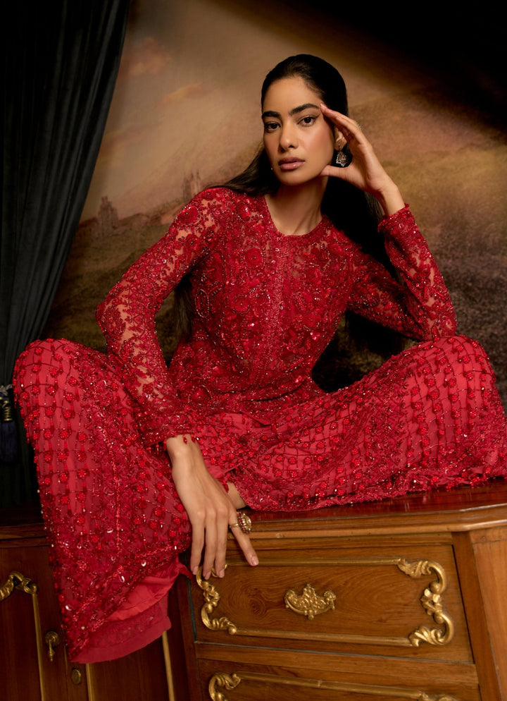 Ruby Red Crystal Embroidered Kurta Sharara Set Mani Bhatia - Fabilicious Fashion