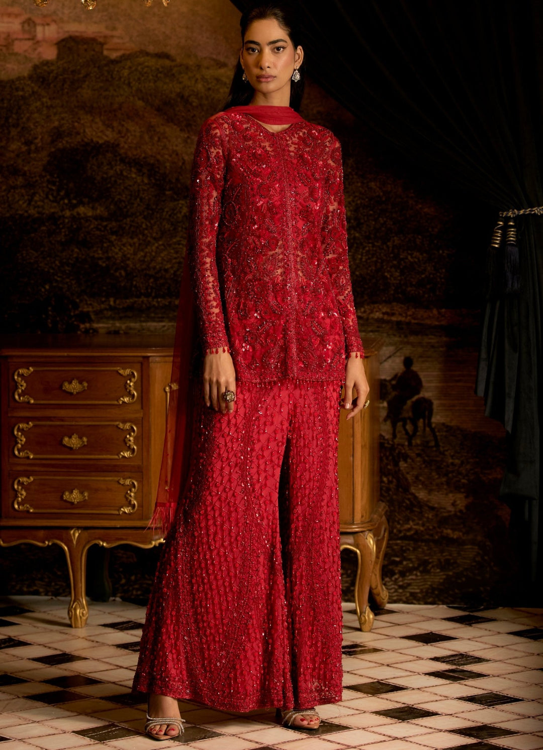 Ruby Red Crystal Embroidered Kurta Sharara Set Mani Bhatia - Fabilicious Fashion