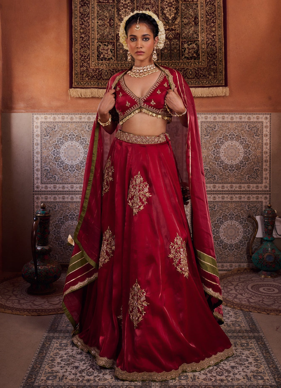 Ruby Red Embroidered Tissue Lehenga Set KAPDA DORI - Fabilicious Fashion