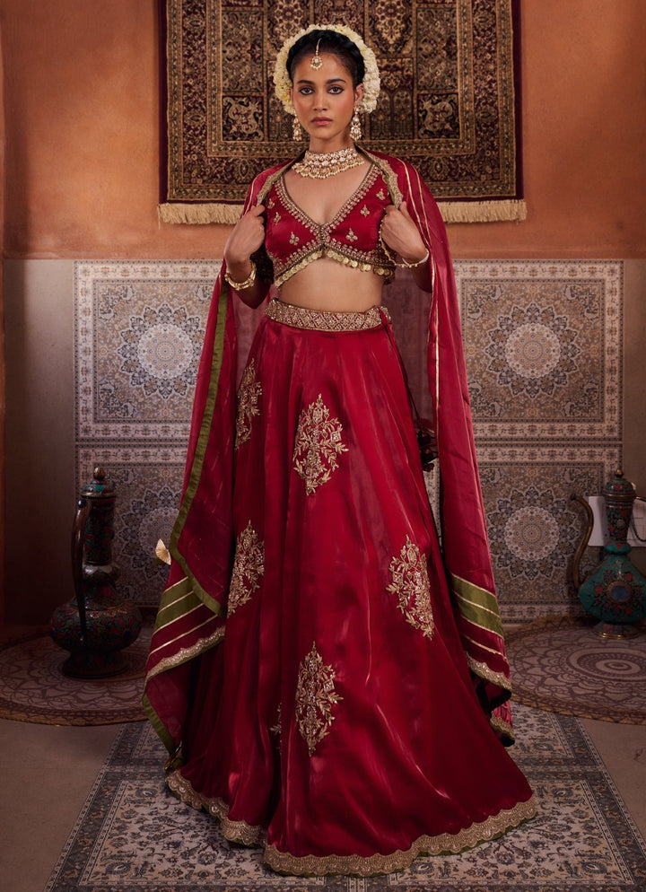 Ruby Red Embroidered Tissue Lehenga Set KAPDA DORI - Fabilicious Fashion
