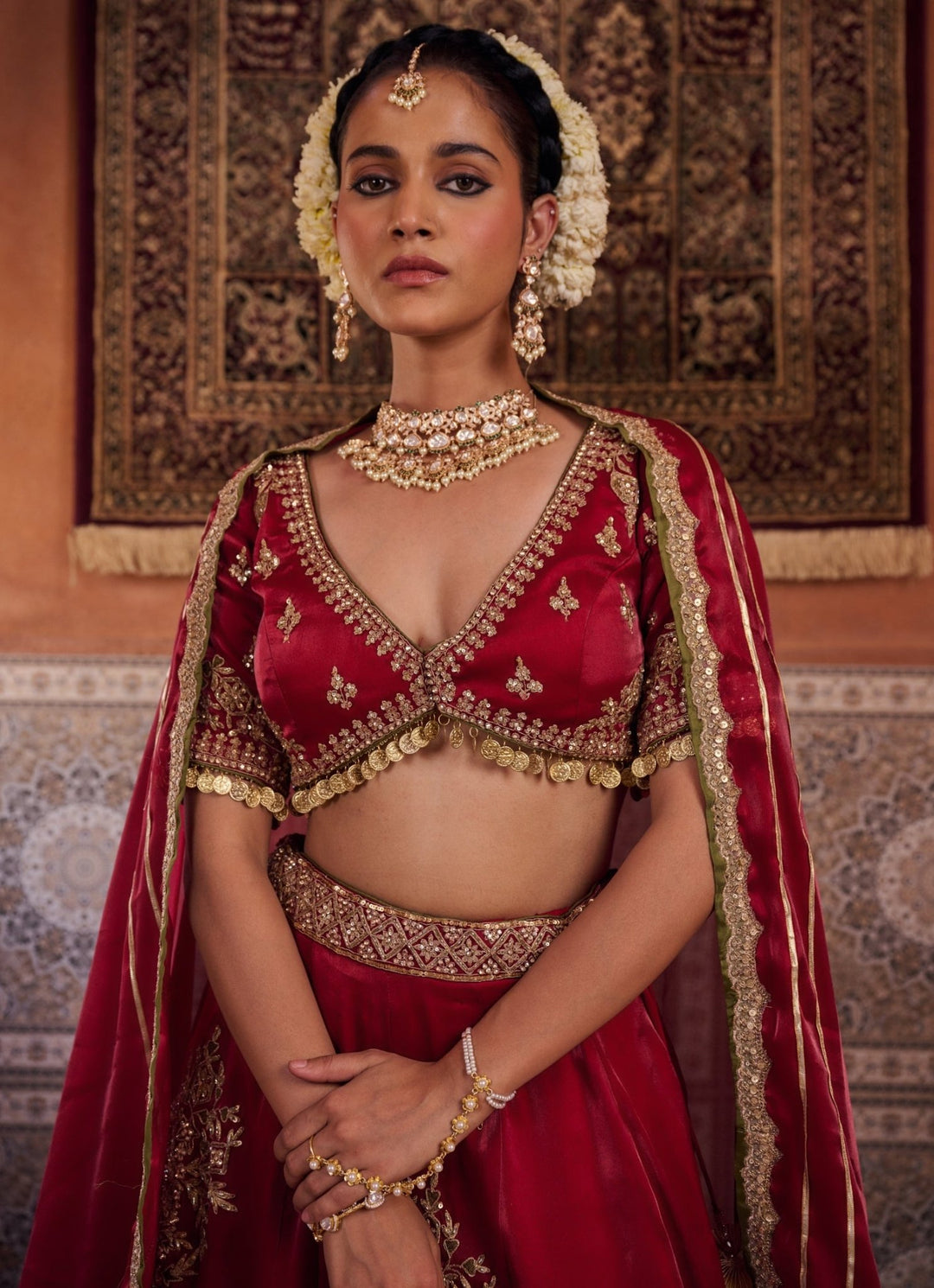 Ruby Red Embroidered Tissue Lehenga Set KAPDA DORI - Fabilicious Fashion