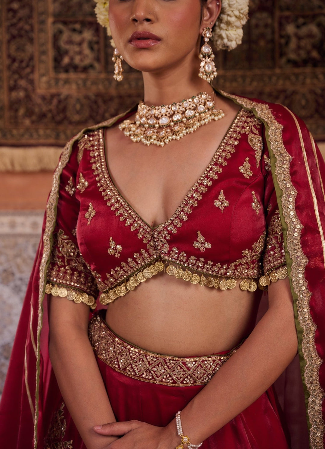 Ruby Red Embroidered Tissue Lehenga Set KAPDA DORI - Fabilicious Fashion