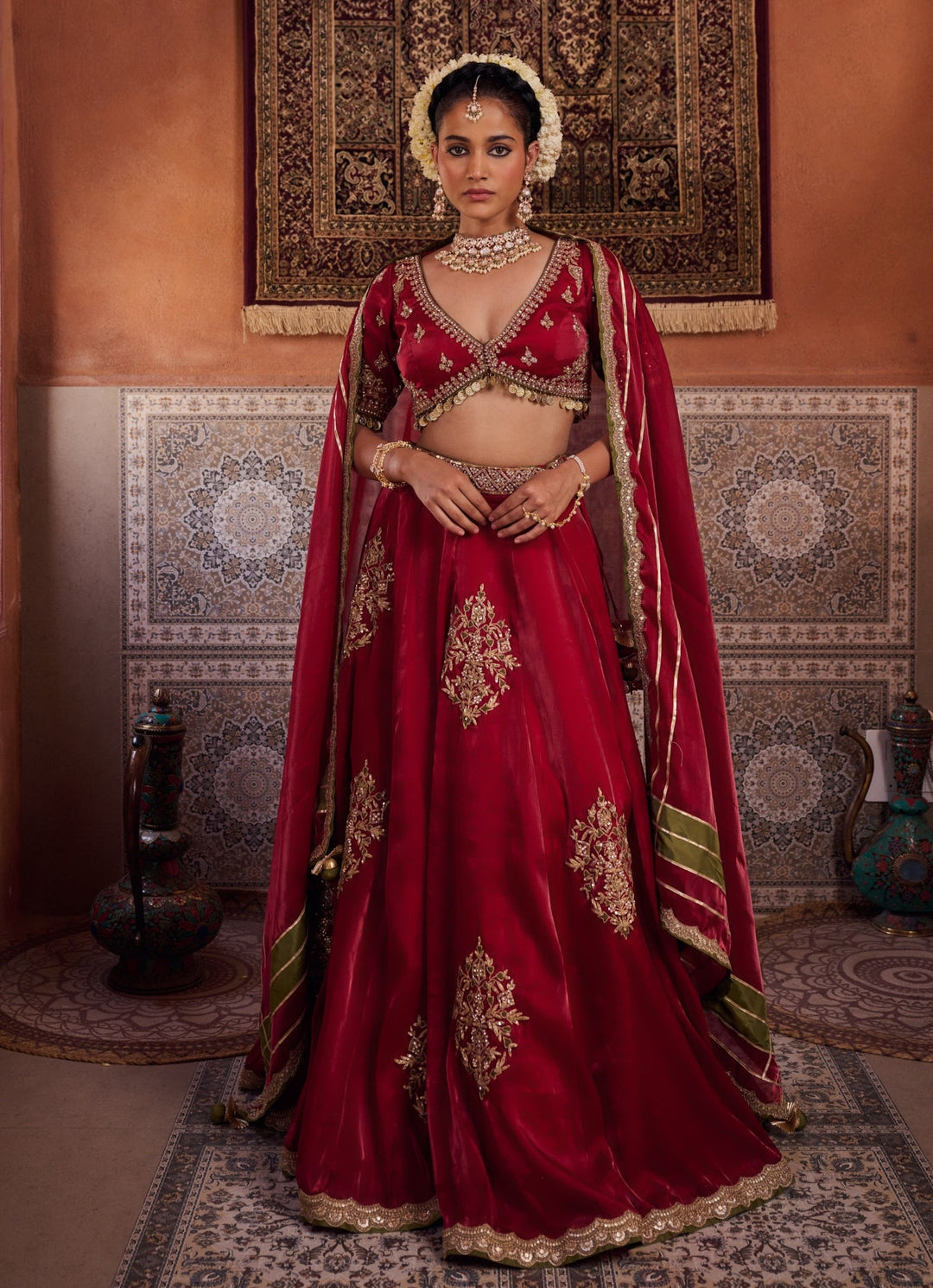 Ruby Red Embroidered Tissue Lehenga Set KAPDA DORI - Fabilicious Fashion