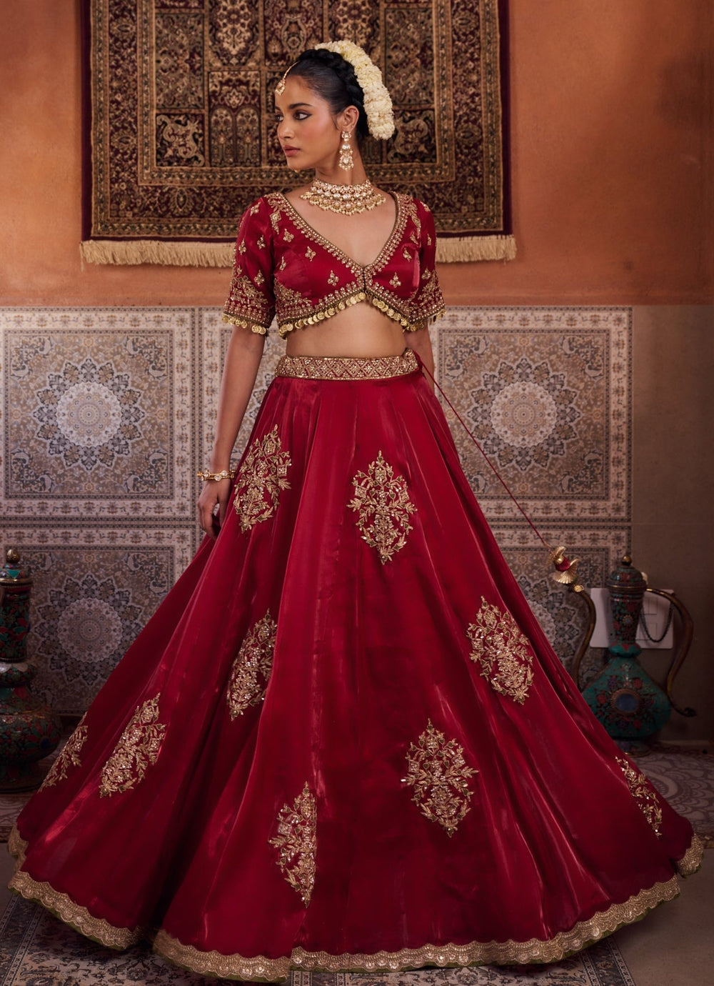 Ruby Red Embroidered Tissue Lehenga Set KAPDA DORI - Fabilicious Fashion