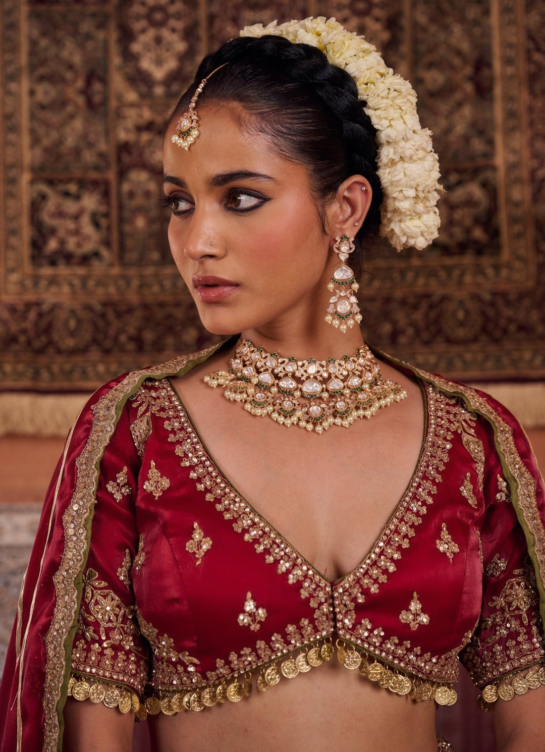 Ruby Red Embroidered Tissue Lehenga Set KAPDA DORI - Fabilicious Fashion