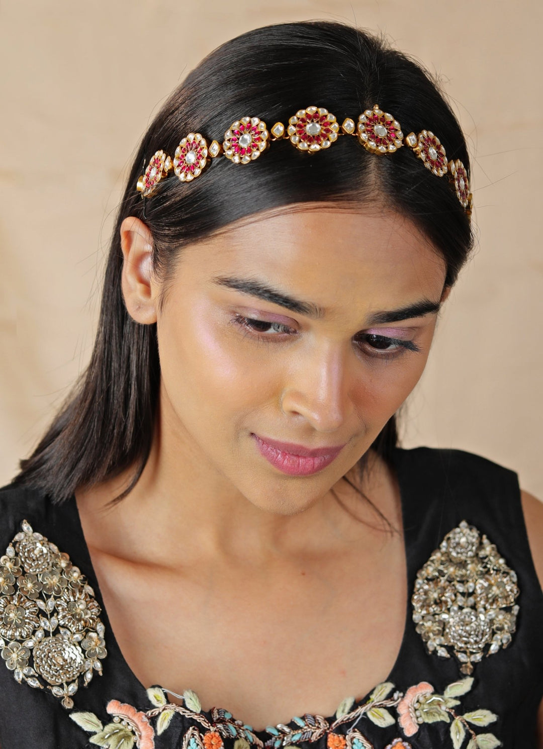Ruby Red Floral Kundan Mathapatti Riana by Shikha Jindal - Fabilicious Fashion