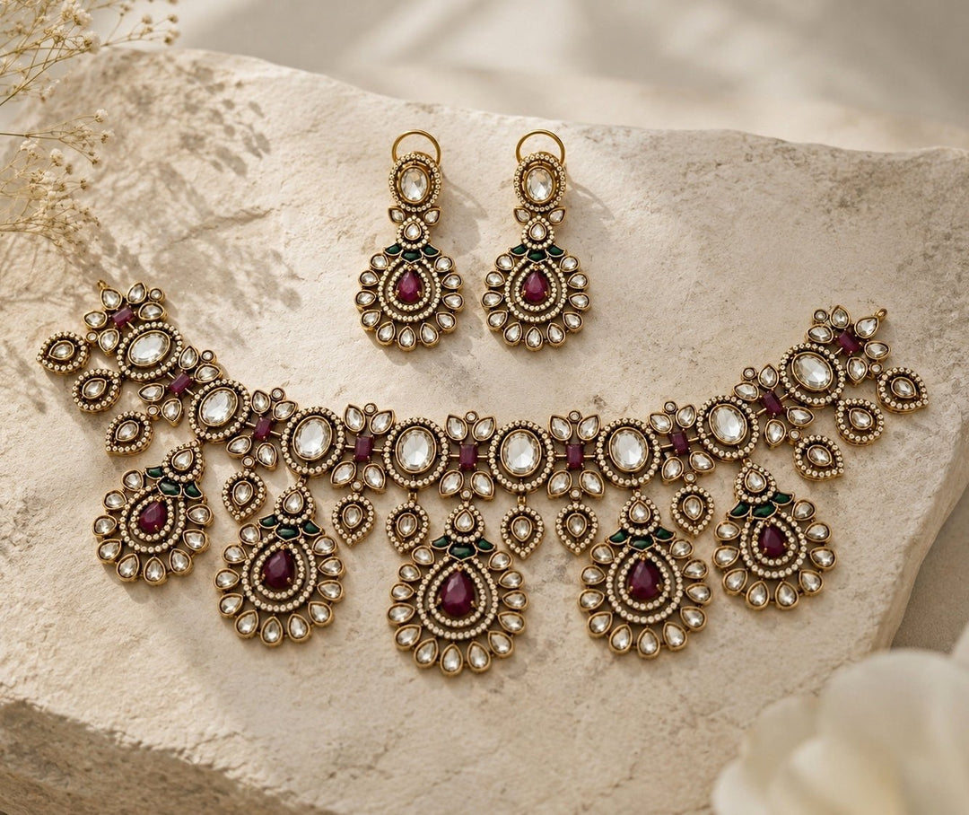 Vivinia by Vidhi Mehra Ruby Red Kundan Statement Necklace SetFabilicious Fashion
