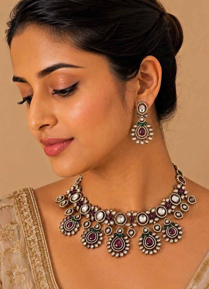 Vivinia by Vidhi Mehra Ruby Red Kundan Statement Necklace SetFabilicious Fashion