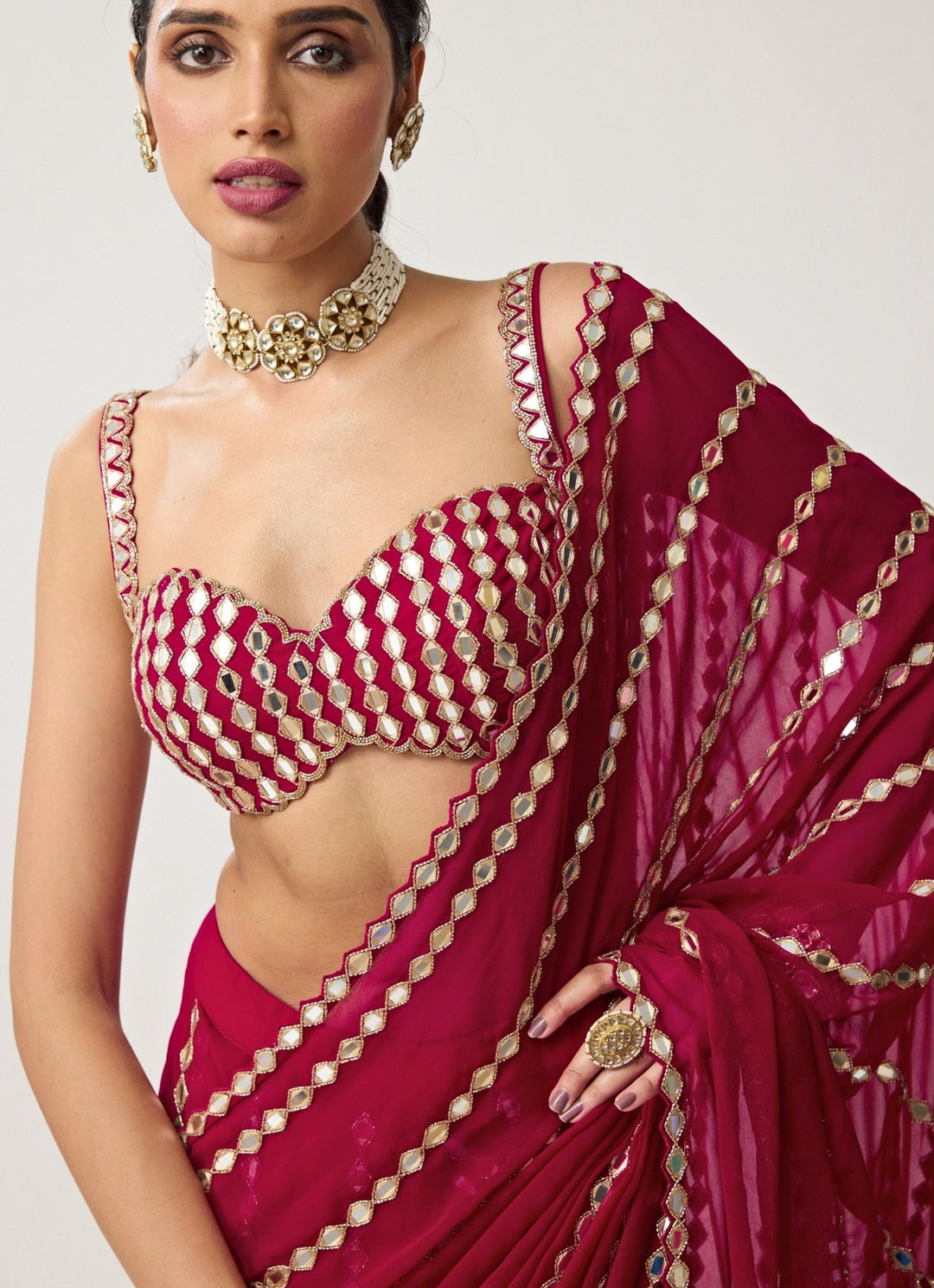 Ruby Red Linear Mirror Embroidered Georgette Saree Set Vvani by Vani Vats - Fabilicious Fashion
