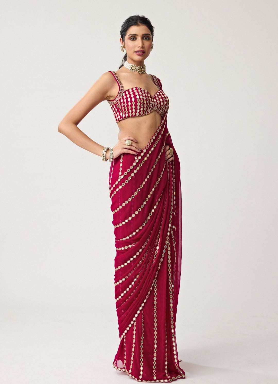 Ruby Red Linear Mirror Embroidered Georgette Saree Set Vvani by Vani Vats - Fabilicious Fashion