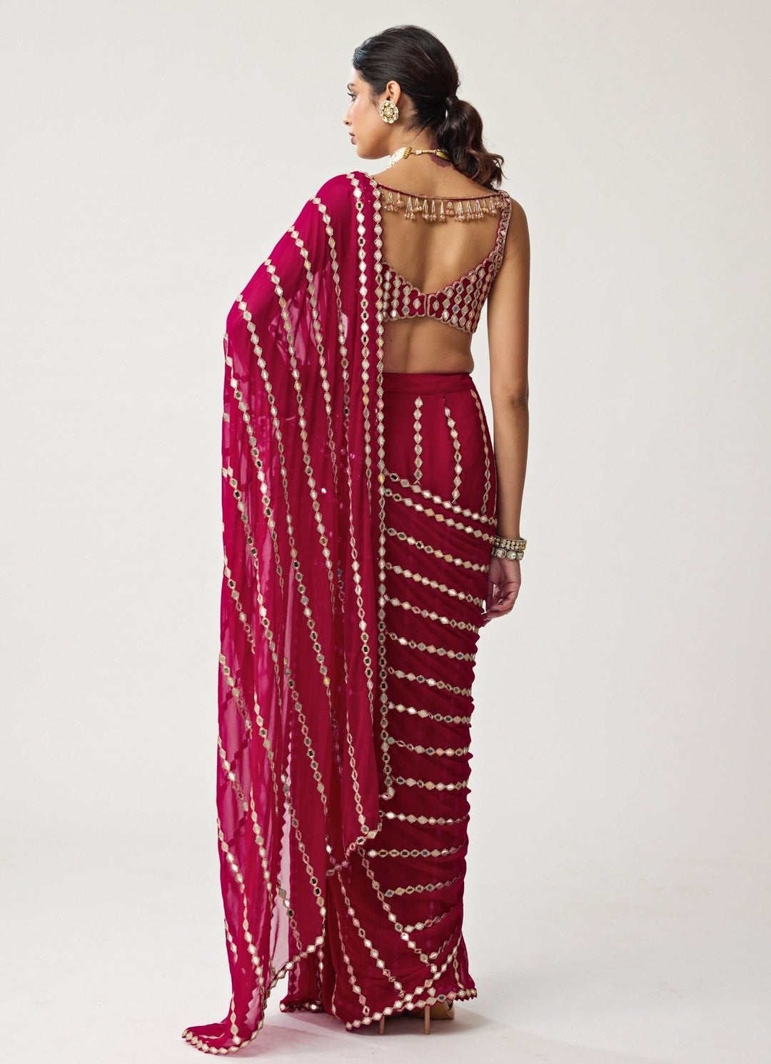 Ruby Red Linear Mirror Embroidered Georgette Saree Set Vvani by Vani Vats - Fabilicious Fashion