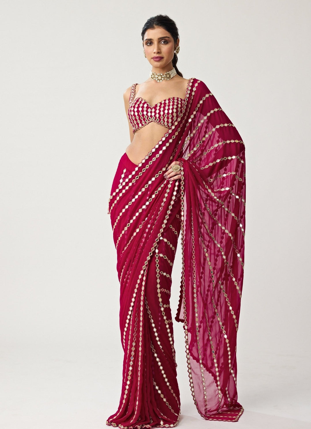 Ruby Red Linear Mirror Embroidered Georgette Saree Set Vvani by Vani Vats - Fabilicious Fashion