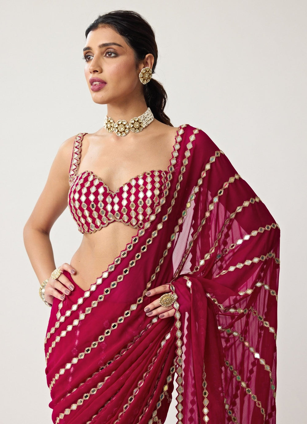 Ruby Red Linear Mirror Embroidered Georgette Saree Set Vvani by Vani Vats - Fabilicious Fashion