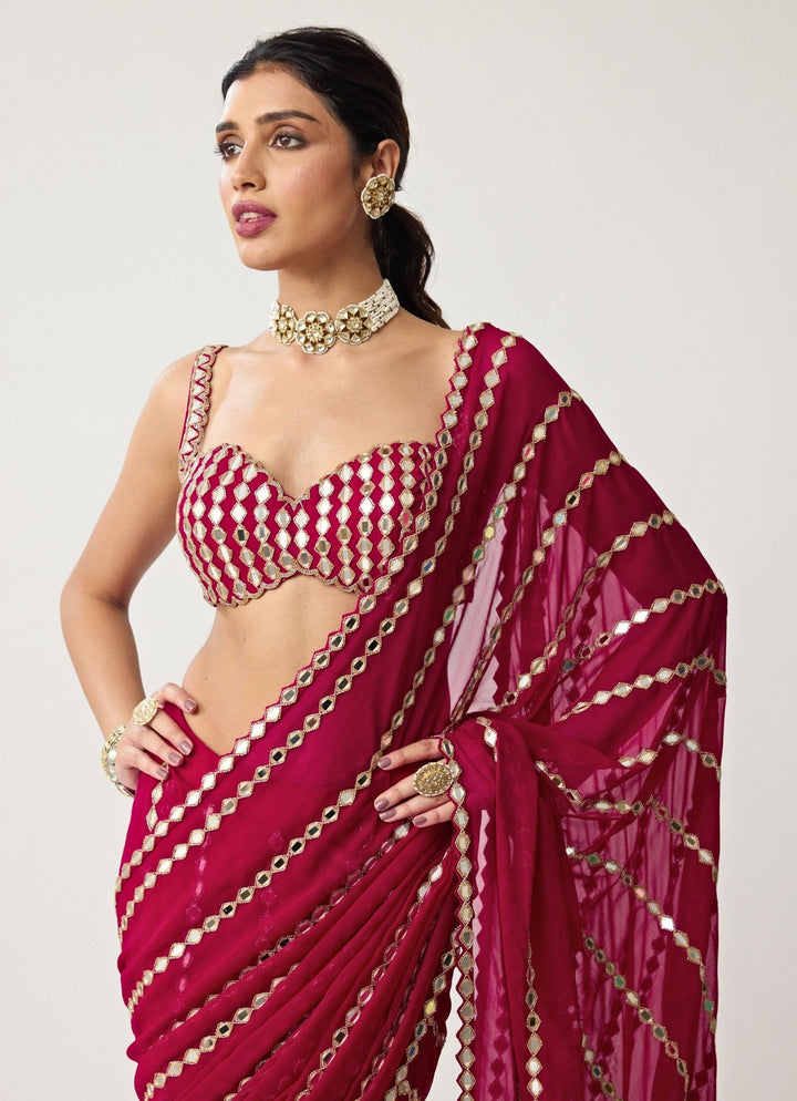 Ruby Red Linear Mirror Embroidered Georgette Saree Set Vvani by Vani Vats - Fabilicious Fashion