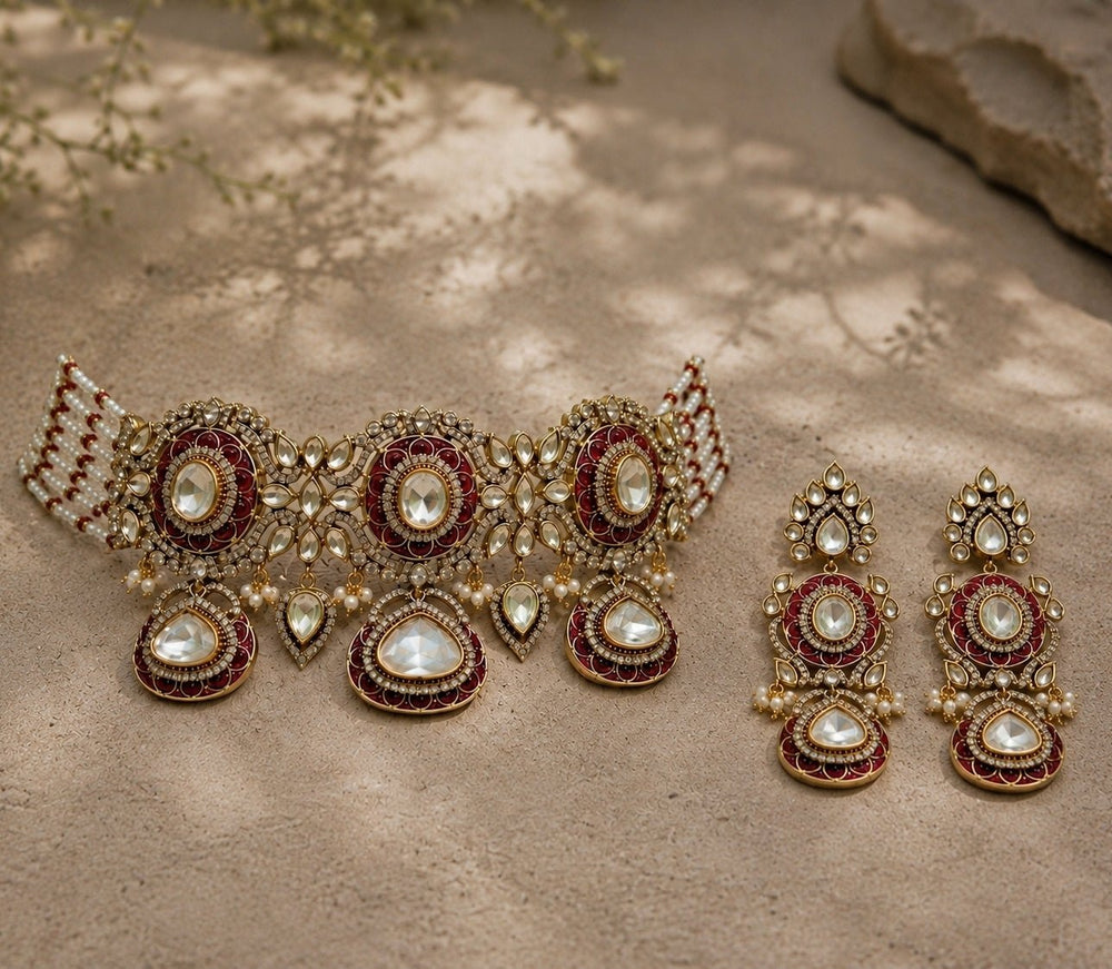 Vivinia by Vidhi Mehra Ruby Red Polki Choker SetFabilicious Fashion