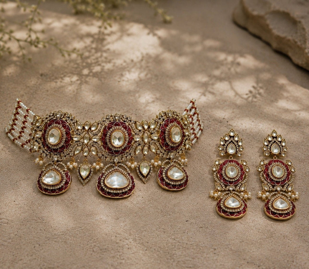 Vivinia by Vidhi Mehra Ruby Red Polki Choker SetFabilicious Fashion