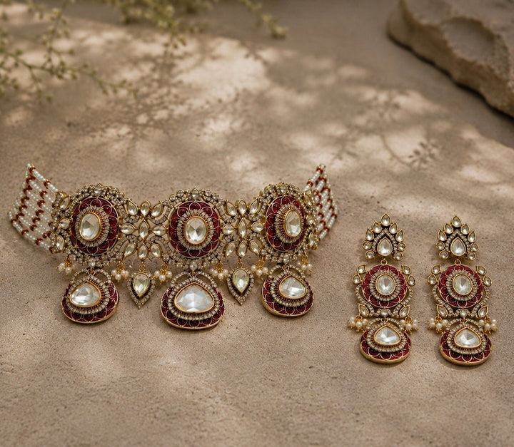 Vivinia by Vidhi Mehra Ruby Red Polki Choker SetFabilicious Fashion