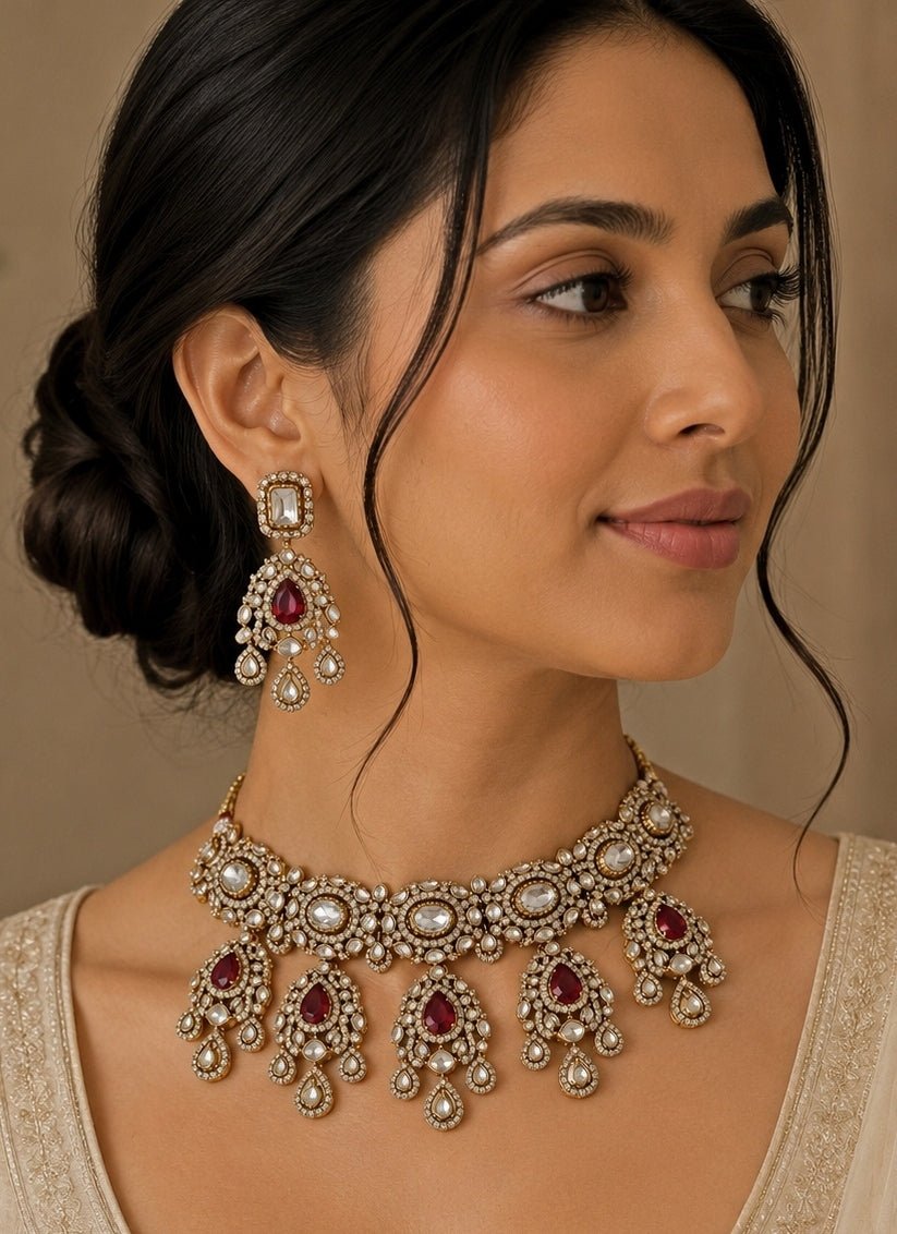 Vivinia by Vidhi Mehra Ruby Red Polki Statement Choker SetFabilicious Fashion