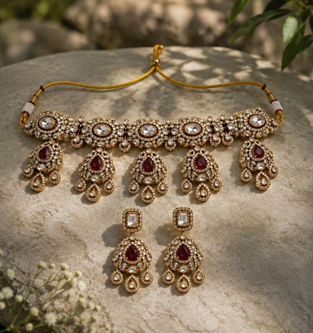 Vivinia by Vidhi Mehra Ruby Red Polki Statement Choker SetFabilicious Fashion