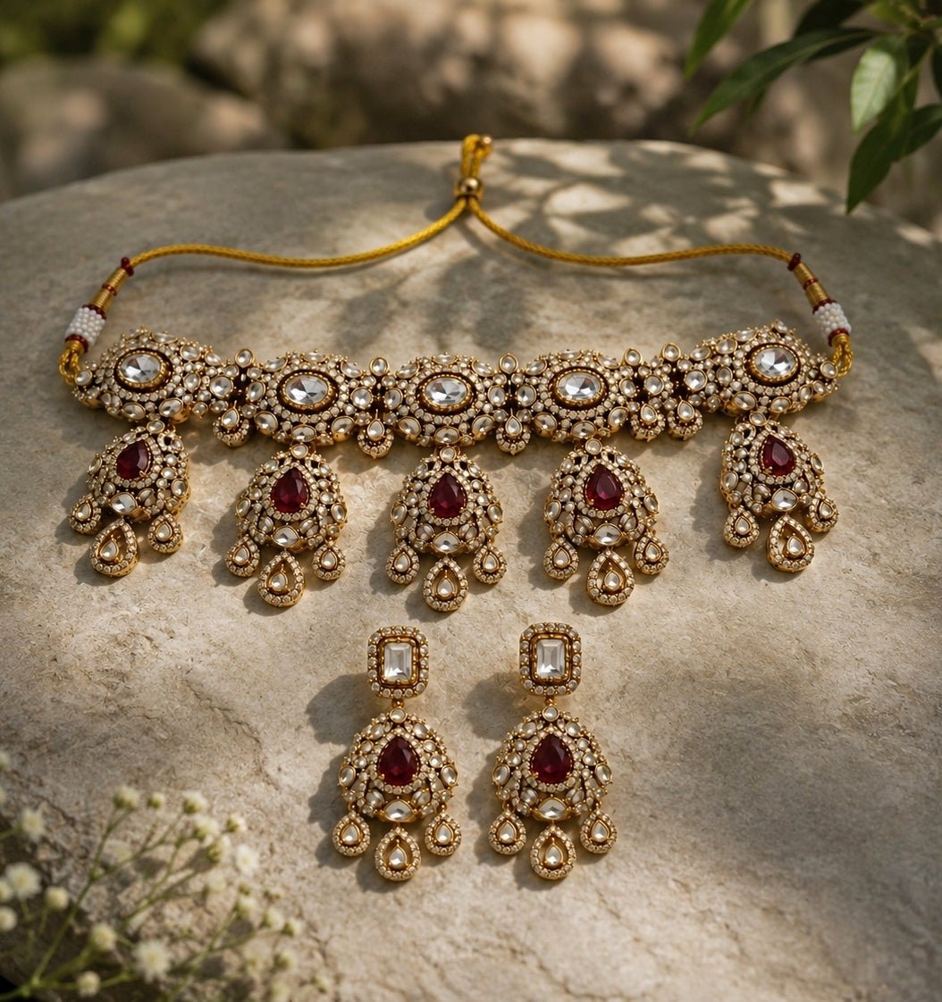 Vivinia by Vidhi Mehra Ruby Red Polki Statement Choker SetFabilicious Fashion