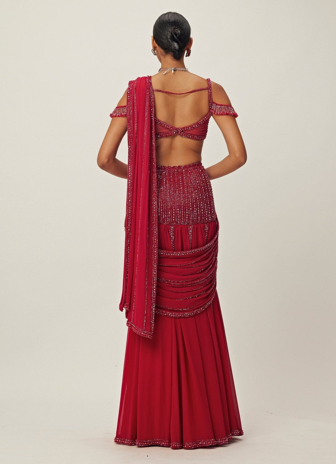 Ruby Red Pre - Draped Crystal Embroidered Georgette Saree Set Vvani By Vani Vats - Fabilicious Fashion