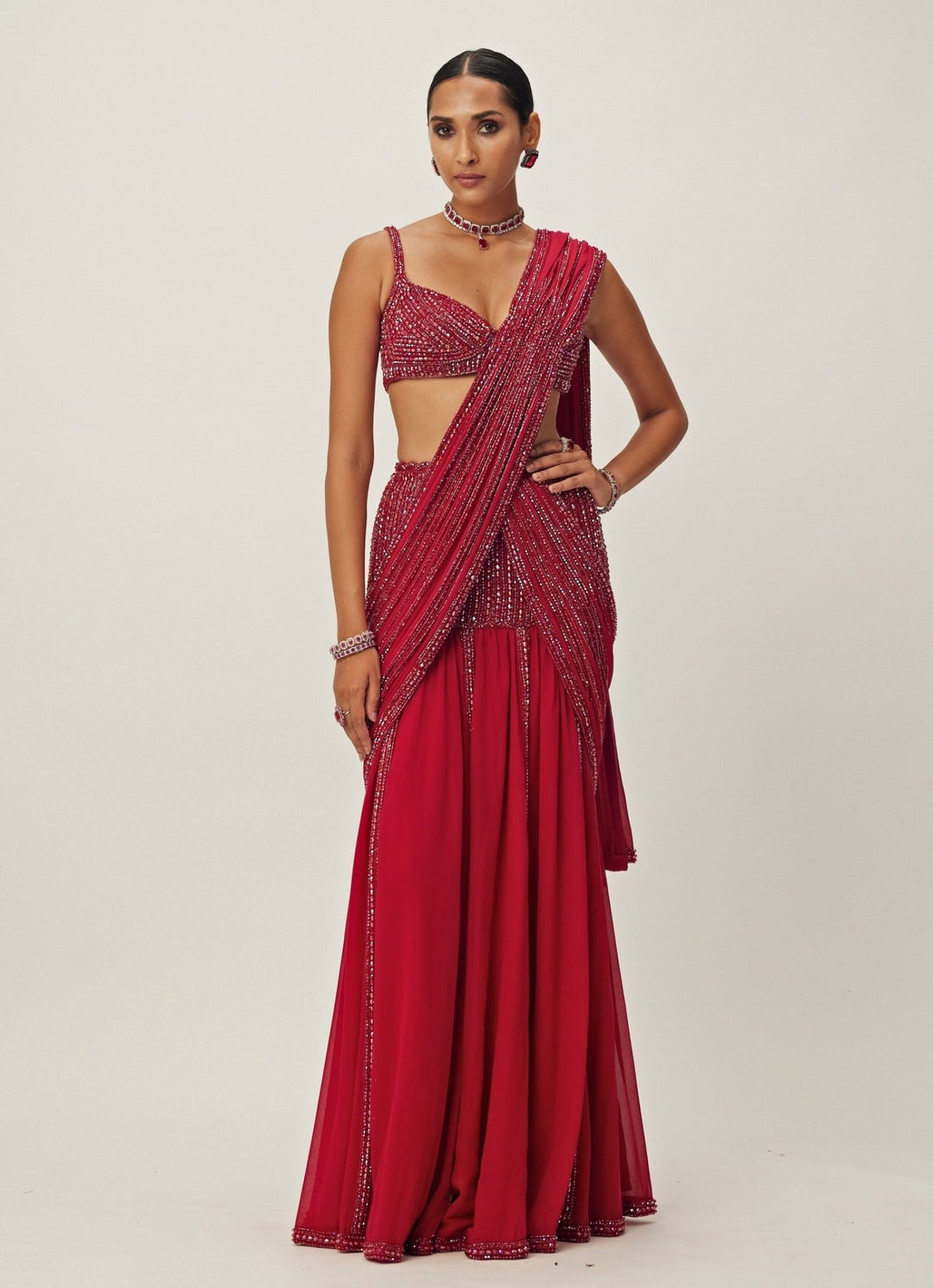 Ruby Red Pre - Draped Crystal Embroidered Georgette Saree Set Vvani By Vani Vats - Fabilicious Fashion