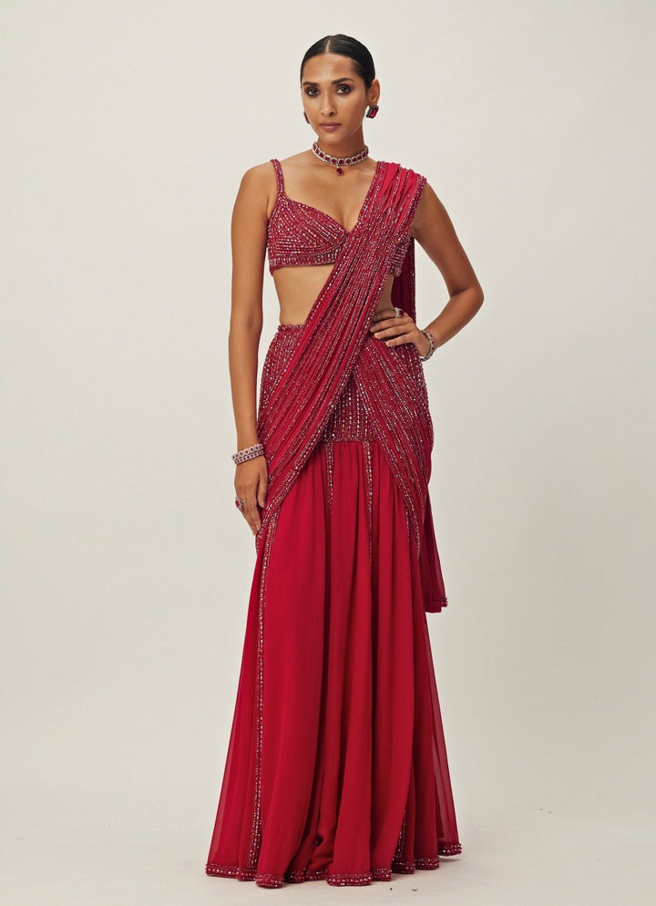 Ruby Red Pre - Draped Crystal Embroidered Georgette Saree Set Vvani By Vani Vats - Fabilicious Fashion