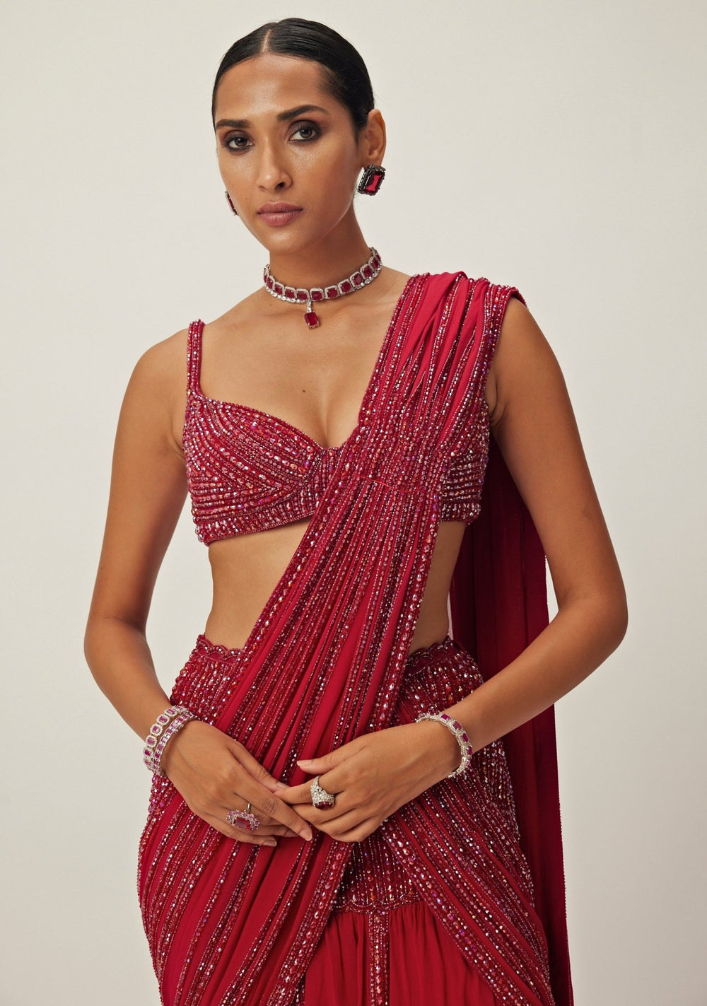 Ruby Red Pre - Draped Crystal Embroidered Georgette Saree Set Vvani By Vani Vats - Fabilicious Fashion