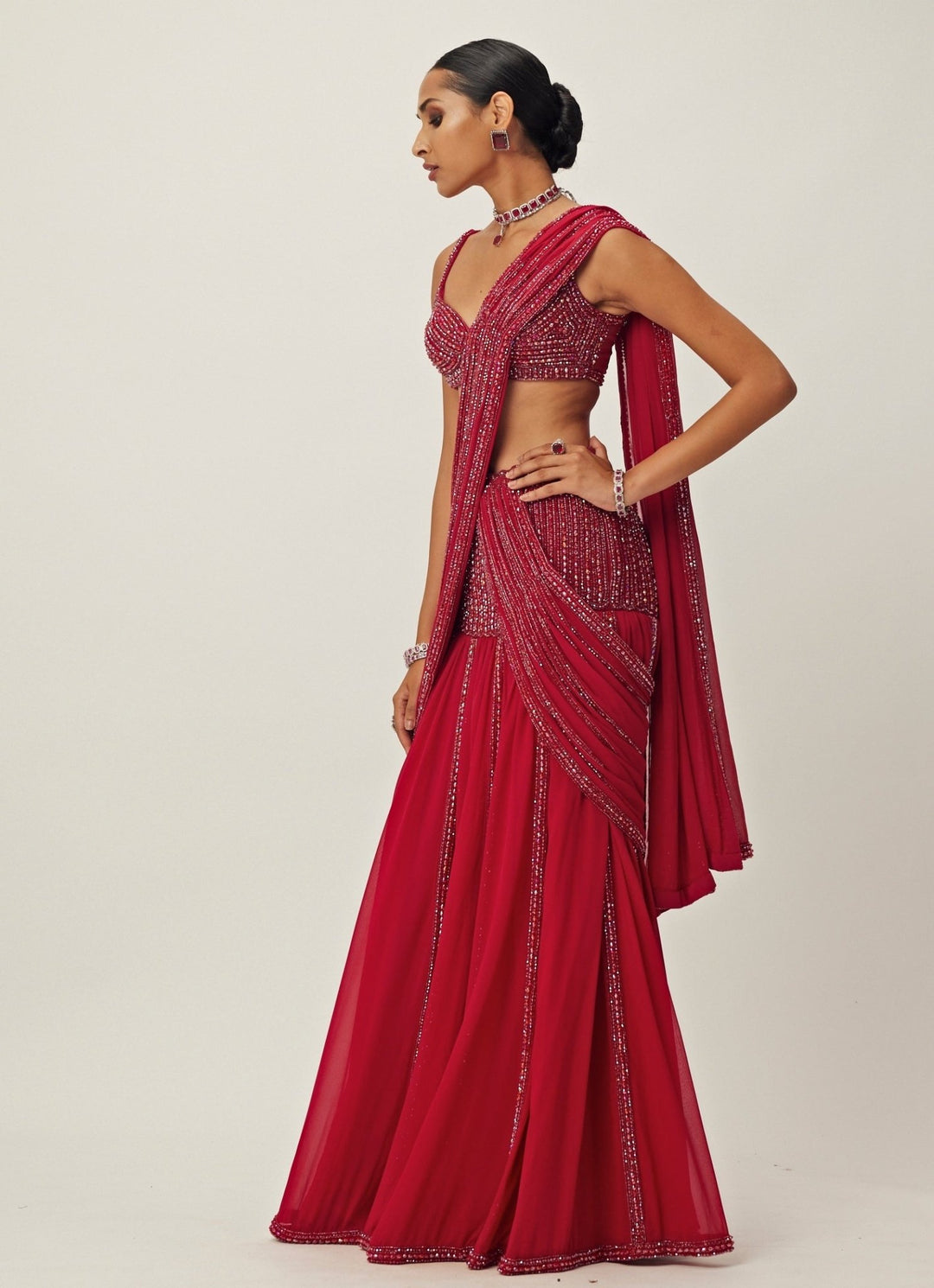 Ruby Red Pre - Draped Crystal Embroidered Georgette Saree Set Vvani By Vani Vats - Fabilicious Fashion