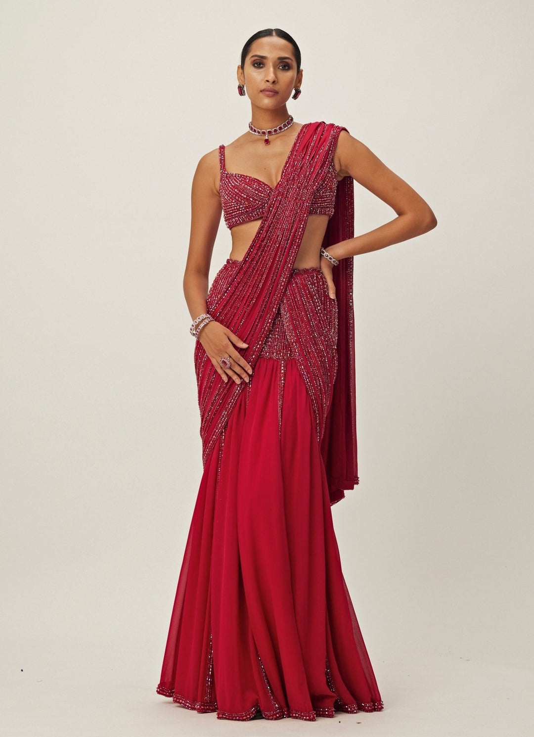 Ruby Red Pre - Draped Crystal Embroidered Georgette Saree Set Vvani By Vani Vats - Fabilicious Fashion