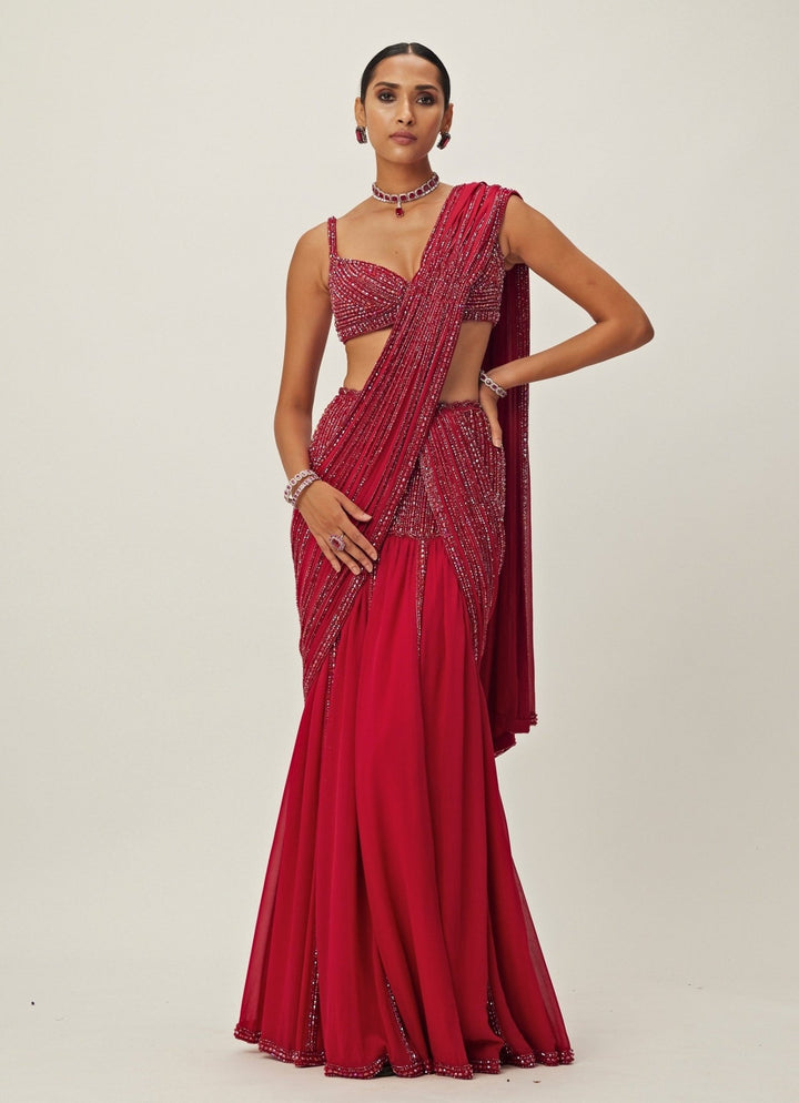 Ruby Red Pre - Draped Crystal Embroidered Georgette Saree Set Vvani By Vani Vats - Fabilicious Fashion