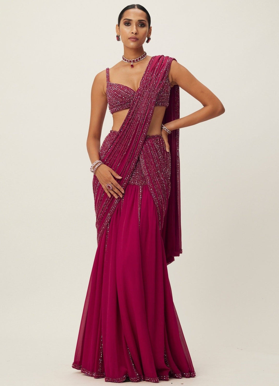 Ruby Red Pre - Draped Crystal Embroidered Georgette Saree With Off Shoulder Blouse Vvani by Vani Vats - Fabilicious Fashion