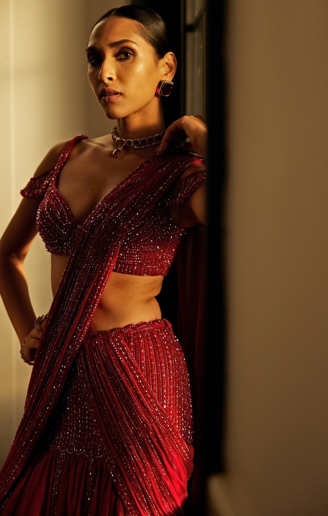 Ruby Red Pre - Draped Crystal Embroidered Georgette Saree With Off Shoulder Blouse Vvani By Vani Vats - Fabilicious Fashion