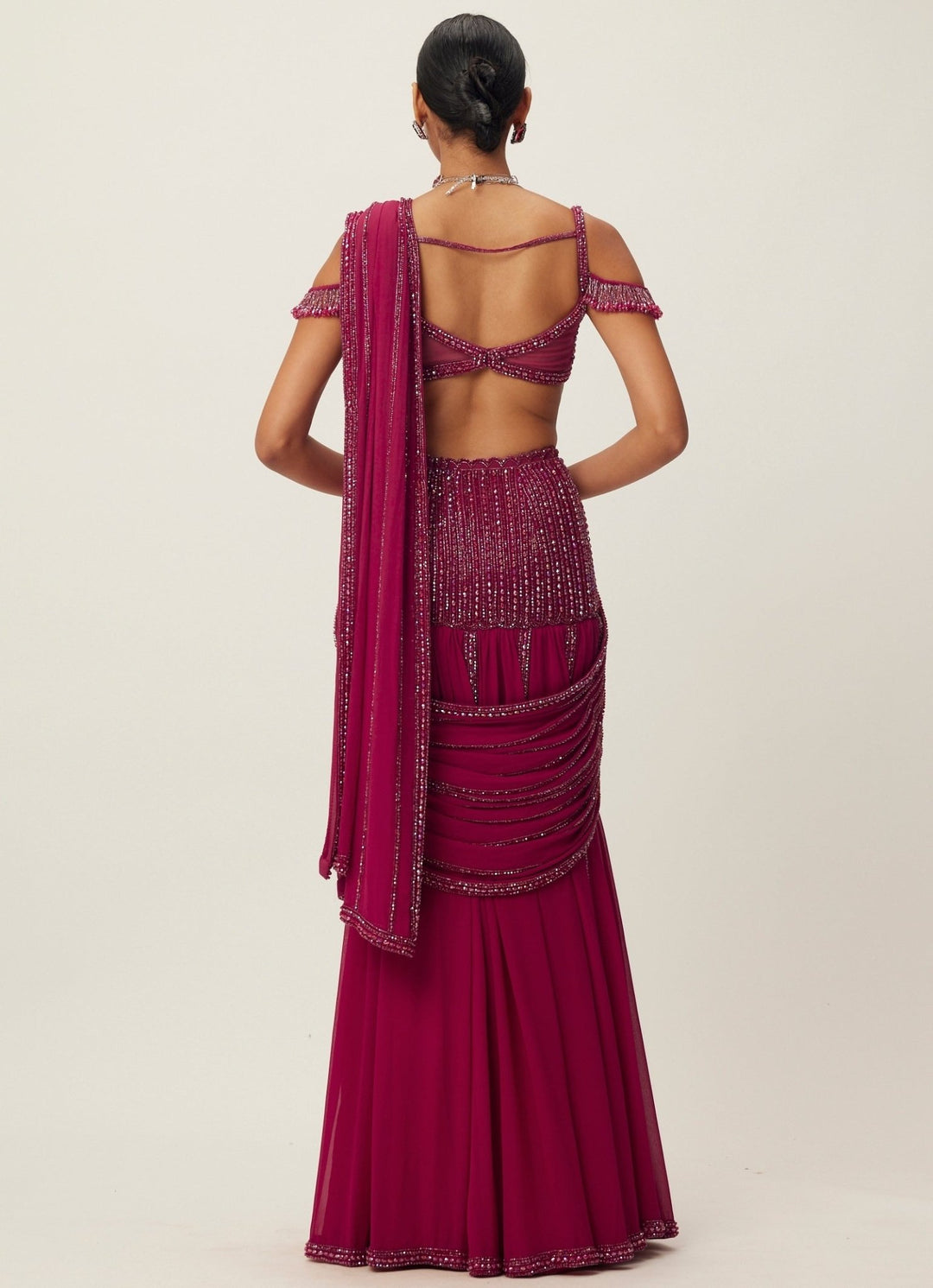 Ruby Red Pre - Draped Crystal Embroidered Georgette Saree With Off Shoulder Blouse Vvani by Vani Vats - Fabilicious Fashion