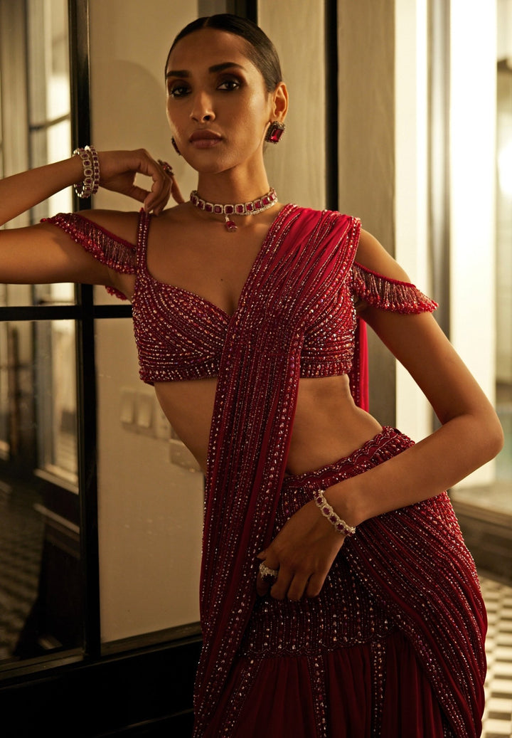 Ruby Red Pre - Draped Crystal Embroidered Georgette Saree With Off Shoulder Blouse Vvani By Vani Vats - Fabilicious Fashion
